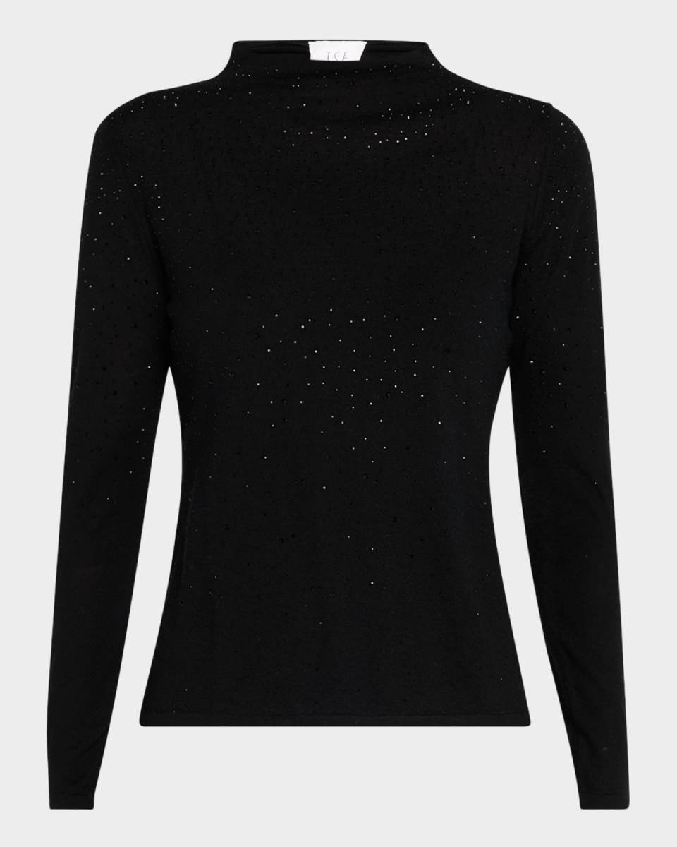 Superfine Cashmere Rhinestone Mock-Neck Sweat